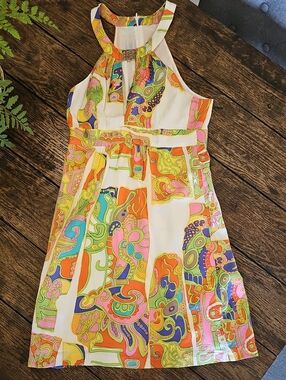 Trina Turk Multicolor Halter Dress in Orange, Pink, Green, Blue